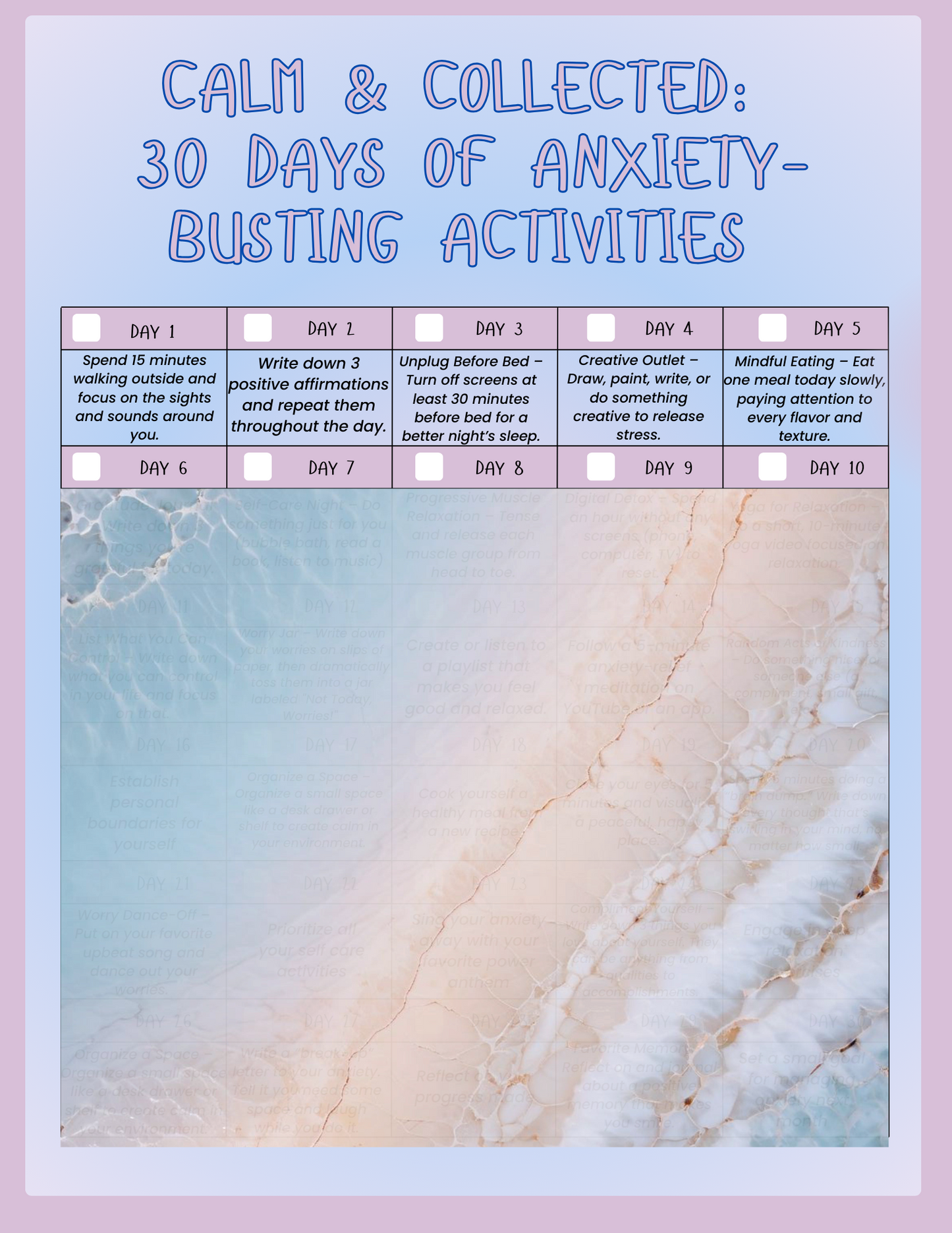 Calm & Collected: 30 Days of Anxiety-Busting Activities – Your Path to Peace Starts Here!